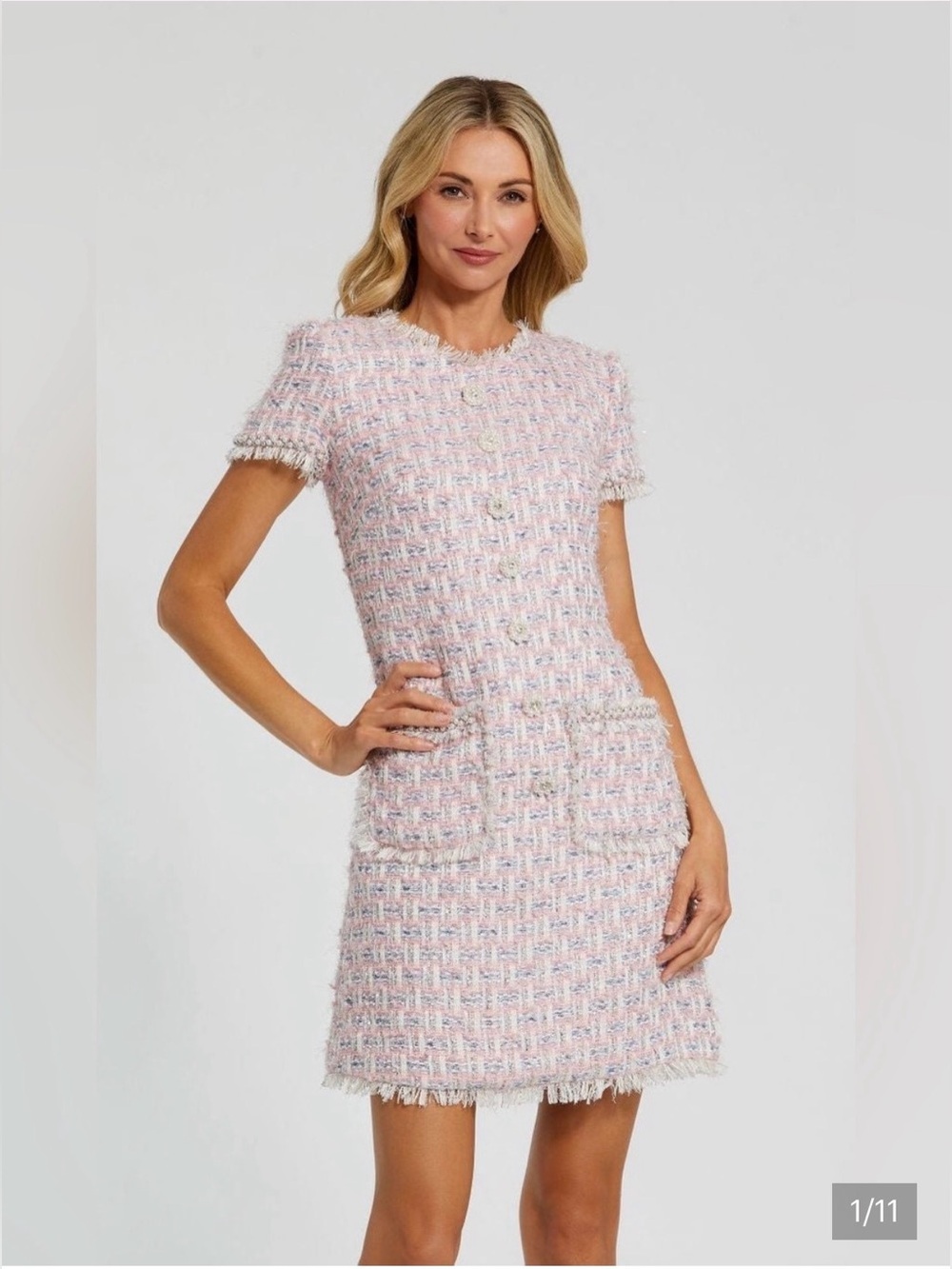 NWT Mac Duggal Pink Tweed Short-Sleeve Shift Dress in Size Small